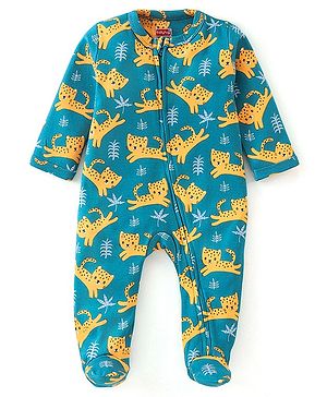 Babyhug Cotton Knit Full Sleeves Sleepsuit With Leopard Print - Blue