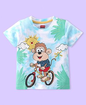 Babyhug Cotton Knit Half Sleeves Monkey Print T-Shirt - Light Blue & White