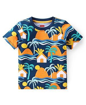 Babyhug 100% Cotton Knit Half Sleeves T-Shirt Palm Tree Graphics - Navy Blue