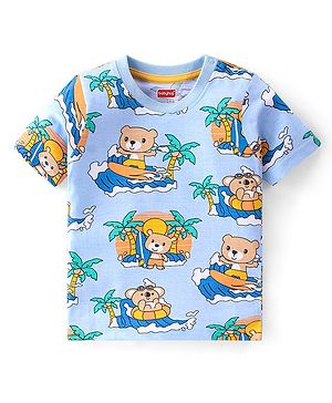 Babyhug 100% Cotton Knit Half Sleeves T-Shirt Bear Graphics - Blue