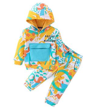 Babyhug Terry Cotton Knit Full Sleeves Hoodie & Lounge Pant Set Artist Print - Multicolour