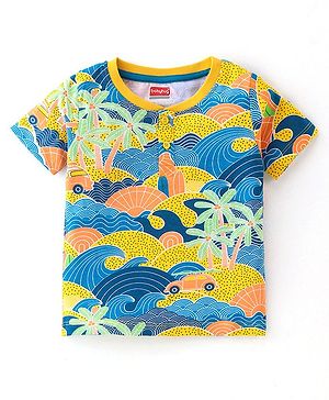 Babyhug 100% Cotton Knit Half Sleeves T-Shirt with Palm Tree Graphics - Yellow