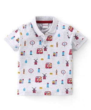 Babyhug 100% Cotton Half Sleeves Polo T-Shirt With London Theme Graphics - Grey
