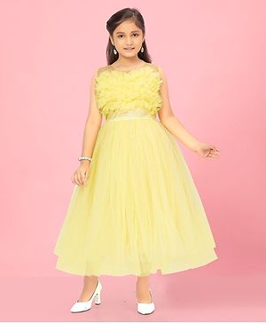 Aarika Sleeveless Ruffle Detailed Bodice Glitter Embellished Fit & Flare Nylon Gown - Lemon Yellow