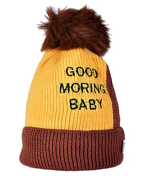 Tiekart Good Morning Embroidered & Pom Pom Detailed Cap Brown Yellow & Peach