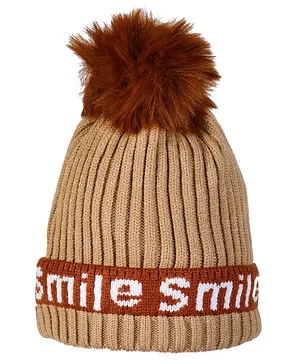 Tiekart Smile Text Design Warm Baby Pom Pom Detailed Cap For Winters - Brown