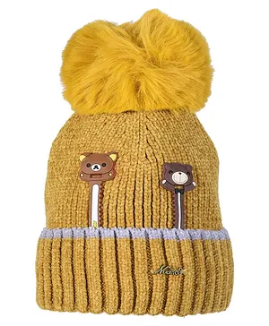 Tiekart Teddy Applique Detailed Warm Bobble Cap For Winter - Yellow