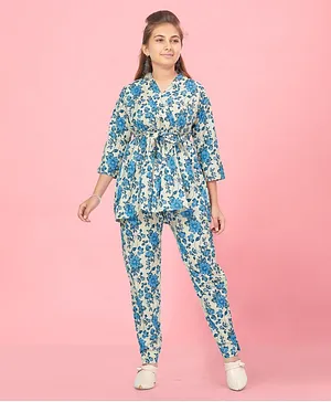 Aarika Three Fourth Sleeves Seamless Floral Printed Coordinating Cotton Front Tie Up Top & Pant Set - Blue
