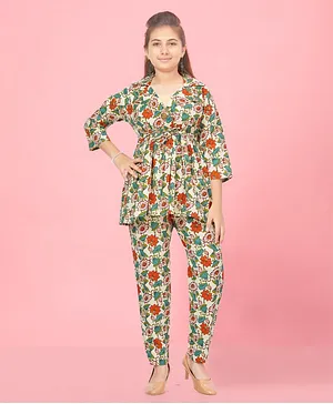 Aarika Three Fourth Sleeves Seamless Floral Printed Coordinating Cotton Front Tie Up Top & Pant Set - Multi Colour