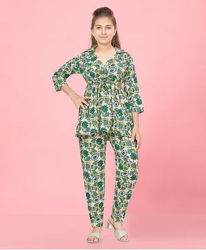 Aarika Three Fourth Sleeves Seamless Floral Printed Coordinating Cotton Front Tie Up Top & Pant Set - Cream & Green