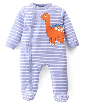 Babyhug Cotton Knit Full Sleeves Footed Sleep Suit Striped & Dino Print - Blue