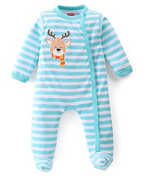 Babyhug Cotton Knit Full Sleeves Footed Sleep Suit Striped & Reindeer Print - Blue
