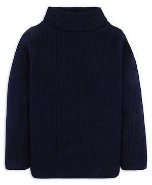 RVK Full Sleeves  Ribbed Solid Pullover Sweater - Navy Blue
