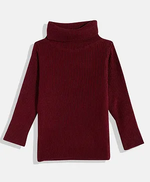 RVK Full Sleeves Solid High Neck Ribbed Sweater - Maroon