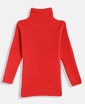 RVK  Full Sleeves Solid Ribbed  High Neck Skivi Sweater - Red