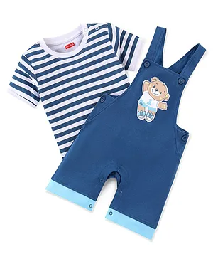 Babyhug 100% Cotton Knit Dungaree and Half Sleeves T-Shirt Set Stripes & Bear Patch - White & Blue