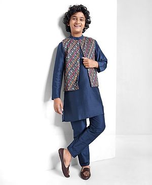 Pine Kids Woven Full Sleeves Kurta Pyjama Set with Embroidered Jacket - Navy Blue