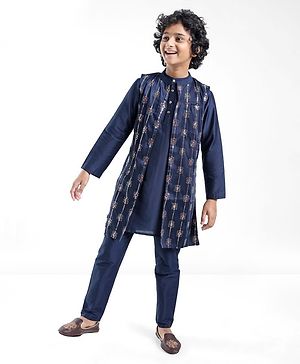 Pine Kids Woven Full Sleeves Kurta Pyjama Set with Embroidered Jacket - Navy Peony