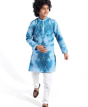 Pine Kids Woven Full Sleeves Floral Embroidered Kurta Pyjama Set - Blue