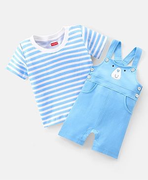 Babyhug Cotton Knit Dungaree with Striped Inner Tee & Teddy Applique - Blue