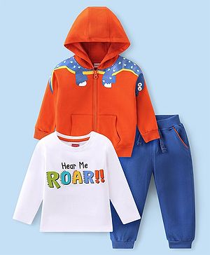 Babyhug 100% Cotton Terry Knit T-Shirt & Lounge Pant Set with Full Sleeves Hoodie Dino Print - Orange & Blue