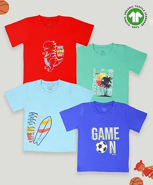 Kidbea Pack Of 4 Half Sleeves Placement Dinosaur & Game On Football Printed Bamboo Fabric Tees - Red Green & Blue
