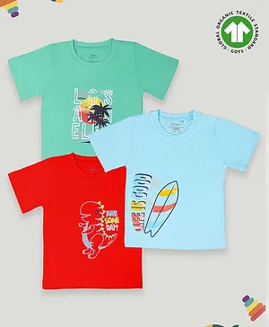 Kidbea Pack Of 3 Half Sleeves Dinosaur Awesome Day & Palm Tree Printed Bamboo Fabric Tees - Red Blue & Green
