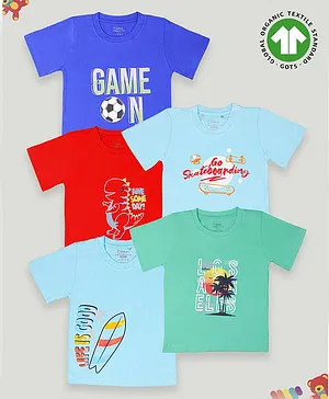 Kidbea Pack Of 5 Half Sleeves Dinosaur Awesome Day & Game On Football Printed Bamboo Fabric Tees - Red Blue & Green
