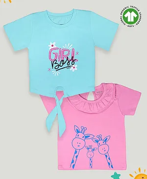 Kidbea Pack Of 2 Half Sleeves Girl Boos & Giraffe Printed Bamboo Fabric Tees - Sky Blue & Pink