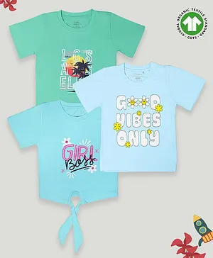 Kidbea Pack Of 3 Half Sleeves Girl Boss & Good Vibes Only Printed Bamboo Fabric Tees - Blue & Green