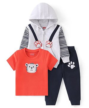 Babyhug 100% Cotton Knit Half Sleeves T-Shirt & Lounge Pant With Hoodie Tiger Print - Orange Grey & Navy Blue