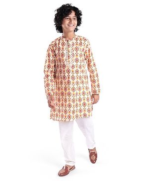 Pine Kids 100% Cotton Woven Full Sleeves Kurta & Pyjama Set With Ikat Print - White