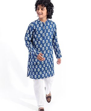 Pine Kids Cotton Woven Full Sleeves Kurta Pyjama Set Leaves Printed - Navy Blue