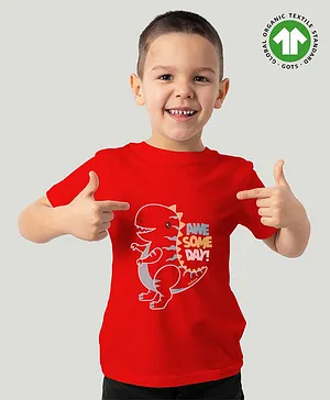 Kidbea Half Sleeves Placement Dinosaur Awesome Day Printed Bamboo Fabric Tee - Red