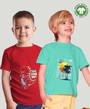 Kidbea Pack Of 2 Half Sleeves Dinosaur Awesome Day & Palm Tree Printed Bamboo Fabric Tees - Red & Green