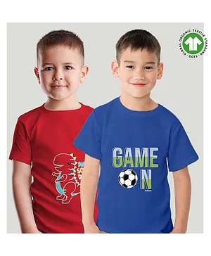 Kidbea Pack Of 2 Half Sleeves Dinosaur Awesome Day & Game On Football Printed Bamboo Fabric Tees - Red & Blue