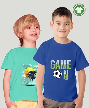 Kidbea Pack Of 2 Half Sleeves Palm Tree & Game On Football Printed Bamboo Fabric Tees - Blue & Green