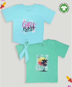 Kidbea Pack Of 2 Half Sleeves Girl Boos & Game On Football Printed Bamboo Fabric Tees - Sky Blue & Green