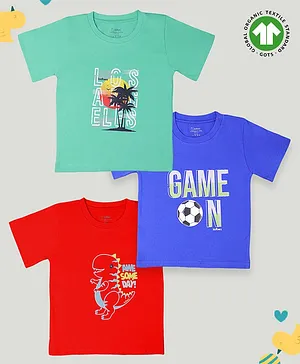 Kidbea Pack Of 3 Half Sleeves Dinosaur Awesome Day & Game On Football Printed Bamboo Fabric Tees - Red Blue & Green