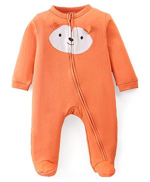 Babyhug Cotton Knit Full Sleeves Footed Sleep Suit Bear Applique - Orange