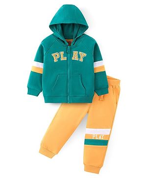 Babyhug 100% Cotton Knit Full Sleeves Hooded Sweatjacket & Lounge Pant With Text Embroidery - Green & Yellow