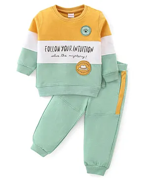 Babyhug 100% Cotton Knit Full Sleeves Cut & Sew T-Shirt & Lounge Pant With Text Print - Yellow Green & White