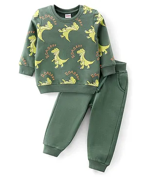 Babyhug 100% Cotton Terry Knit Full Sleeves T-Shirt & Lounge Pant Dino Print - Green