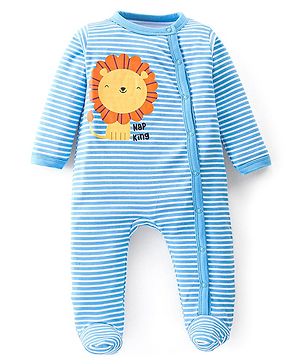 Babyhug Cotton Knit Full Sleeves Footed Sleep Suit Striped & Lion Print - Blue