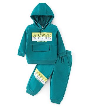 Babyhug Terry Cotton Knit Full Sleeves Hooded T-Shirt & Lounge Pant Set Text Print - Green