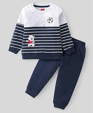 Babyhug 100% Cotton Knit Full Sleeves T-Shirt & Lounge Pant With Teddy Print - Navy Blue