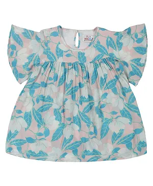 Young Birds Half Sleeves Floral & Leaves Printed Fit & Flared Top - Pink