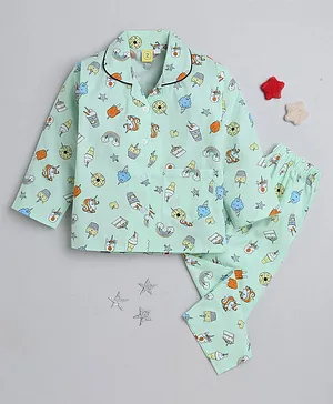 IndiUrbane Full Sleeves Cupcake & Unicorn Printed Coordinating Shirt & Pajama Night Suit Set - Green
