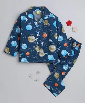 IndiUrbane Full Sleeves Space Theme Printed Coordinating Shirt & Pajama Night Suit Set - Navy Blue
