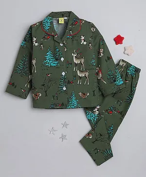 IndiUrbane Christmas Theme  Full Sleeves Reindear & Tree Printed Coordinating Shirt With Pajama  Night Suit Set - Olive Green